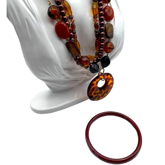 Vintage Multi-Layer Brown Beaded Necklace & Bangle Set  Boho Chic Amber N62 - Picture 3 of 6
